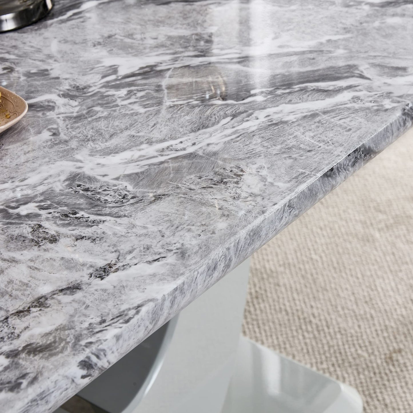 JUFU 63" Faux Marble Dining Table for 6, Modern Rectangular Kitchen & Dining Room Table, Gray Marble-Look MDF Top, U-Shaped Pedestal Base, Easy Assembly