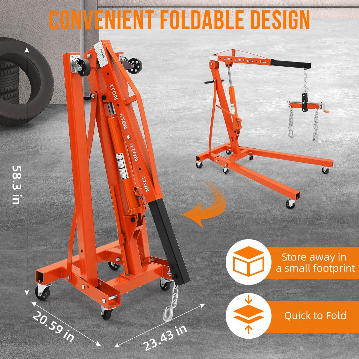 DEXSO 2 Ton Folding Hydraulic Engine Hoist with Lever, Folding Engine Shop Crane Hoist Lift, Heavy Cherry Picker with 6 Wheels for Garage, Workshop,Orange