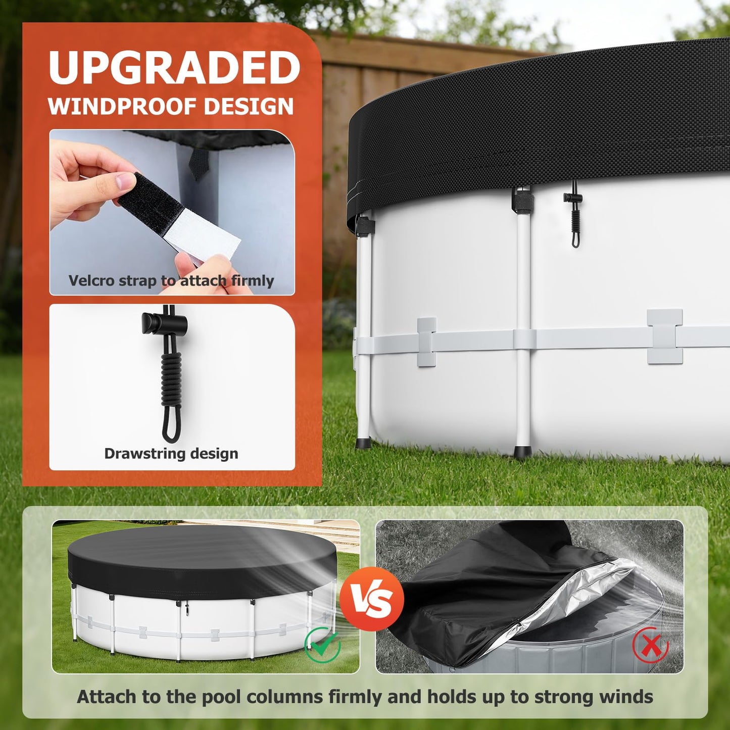 10 Ft Round Pool Cover for Metal Frame Above Ground Pools - Upgraded Windproof Design Compatible with Intex/Bestway Frame Above Ground Outdoor Swimming Pool (Black)