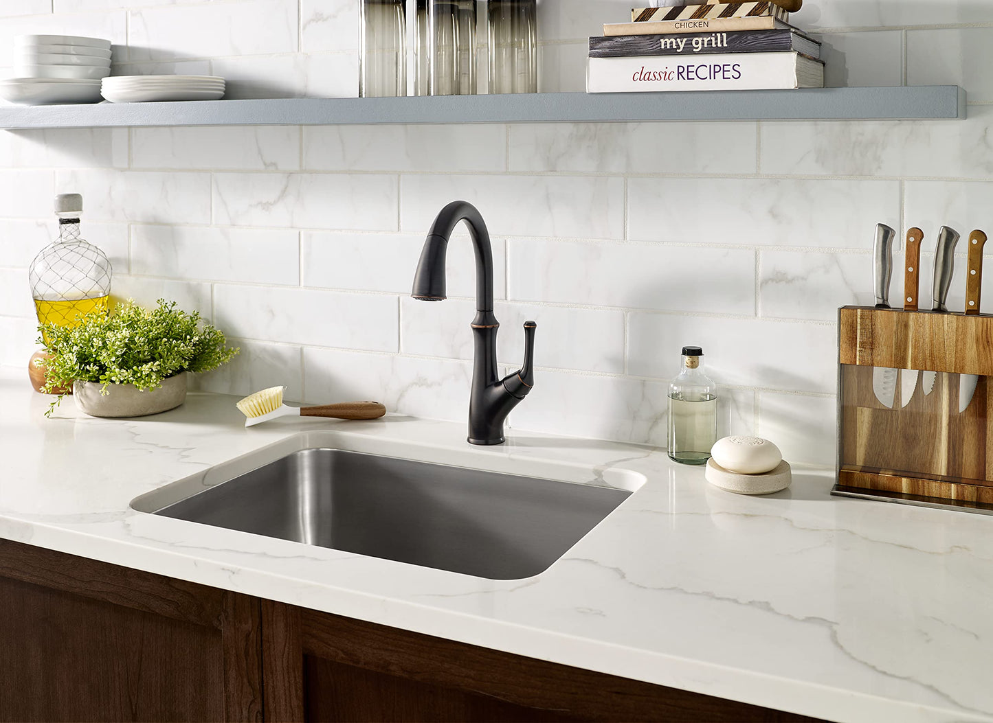 Pfister Tamera Kitchen Faucet with Pull Down Sprayer and Soap Dispenser, Single Handle, High Arc, Tuscan Bronze Finish, F5297TAY