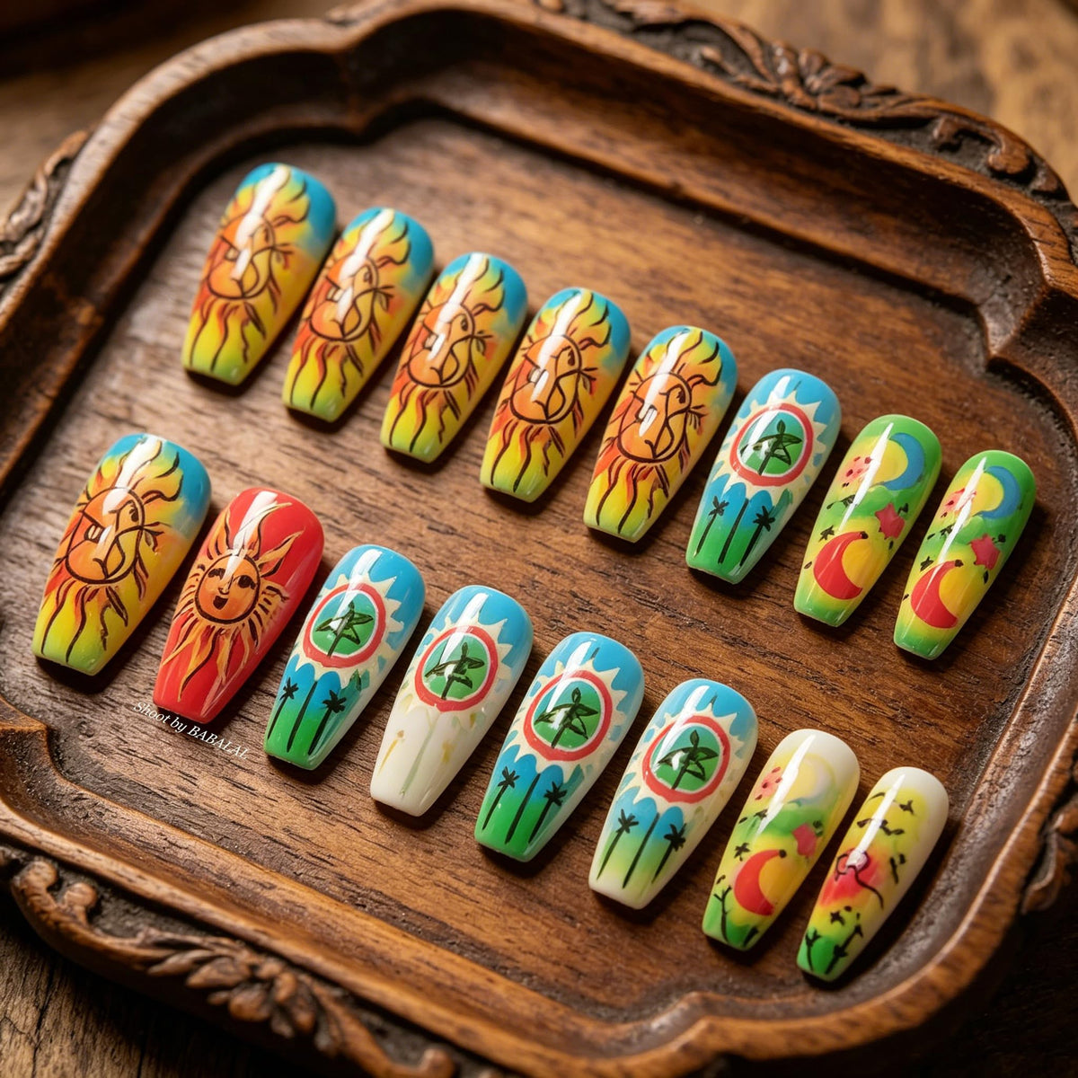 BABALAL Press On Nails, Long Coffin Fake Nails, Neon Rainbow with Sun Moon Star Design, Glossy Festival Hippie Glue On Nails for Women and Girls 24Pcs
