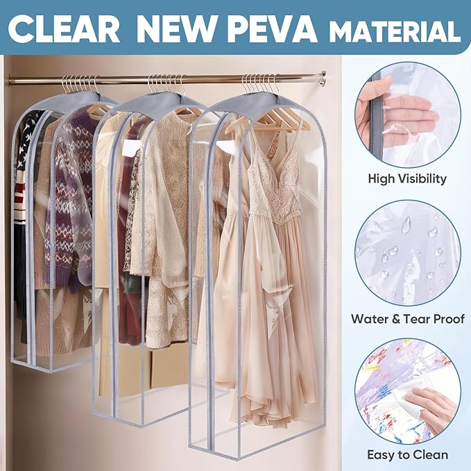 BALEINE 40'' Clear Garment Bags, 10.5'' Wide PEVA Suit Bag for Closet Clothes Dresses Suit Coats Storage (Clear, 3PK)