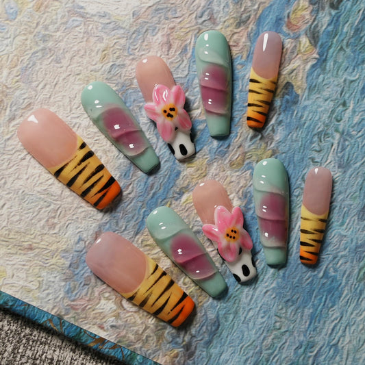 Tesytto Long Coffin Press on Nails Handmade Muti-Layer Gel Fake Nails - 3D Lotus Flowers & Tiger Print, French Tip Glossy Thick Acrylic Nails (Playful Zebra with Lotus,M)