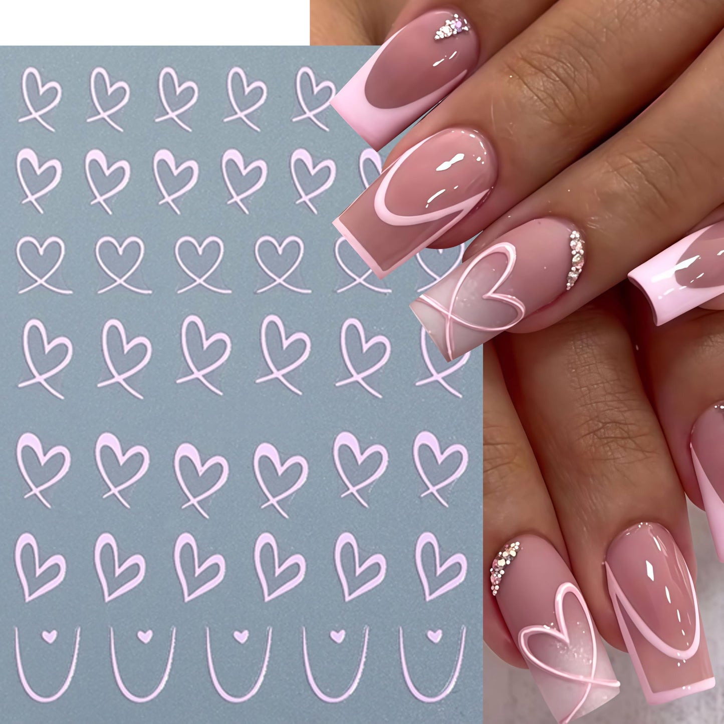 8Sheets Valentines Day Nail Art Sticker Set 3D Self Adhesive Hearts Nail Decals Love Hollow Peach Heart Shaped Nail Design Valentine French Sticker Nail Supplies for Women Valentine Holiday Nail Decor
