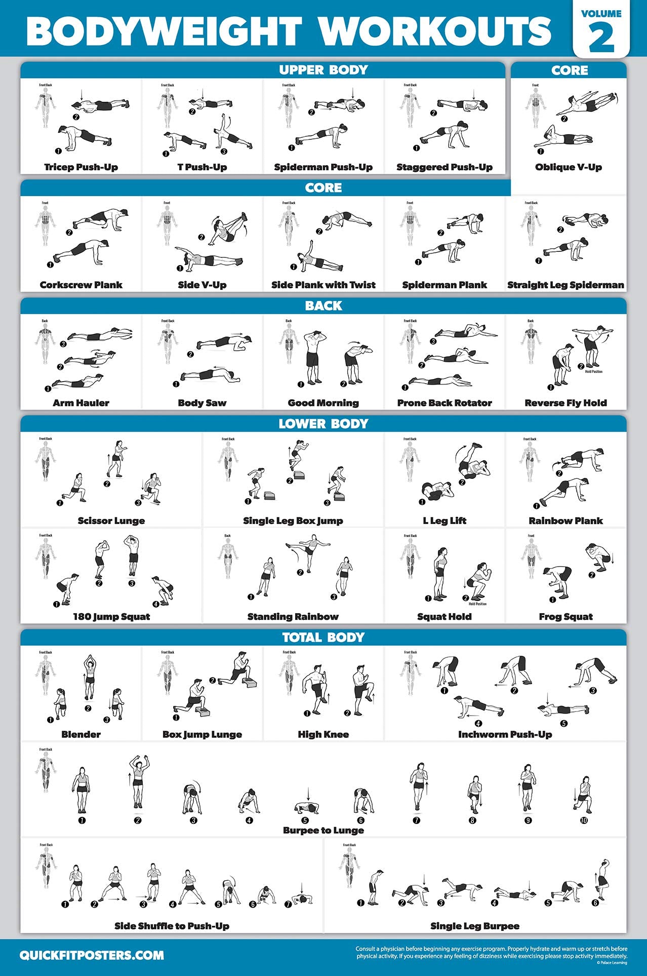 Palace Learning 4 Pack - Cable Machine Workout Posters Volume 1 & 2 + Bodyweight Exercises Chart Volume 1 & 2 (LAMINATED, 18" x 24"")"