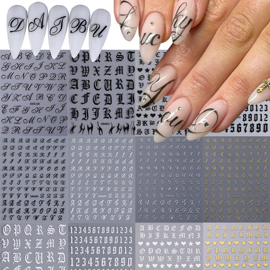 Letters Nail Art Stickers Decals 12 Sheets Alphabet Initial Nail Decals 3D Self-Adhesive White Black Gold Old English Gothic Letter Sticker for Nails Art Women DIY Manicure Decoration Accessories