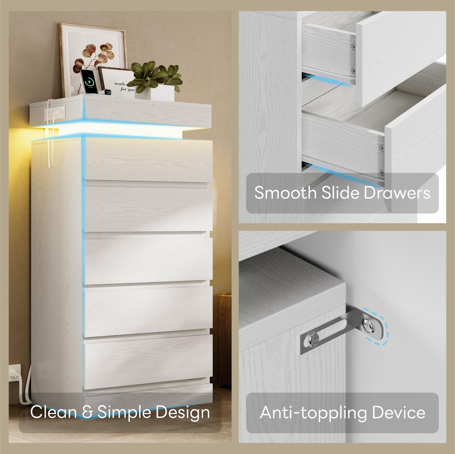LIKIMIO 54" Tall 5 Drawer Dresser for Bedroom, White Dresser with LED Light and Power Outlet, Wooden Modern Chest of Drawers for Living Room, Entryway, Hallway