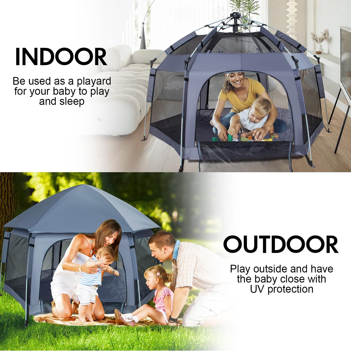 Premium Indoor and Outdoor Baby Playpen - Portable, Lightweight, Pop Up Pack and Play Toddler Play Yard w/Canopy and Travel Bag- Grey