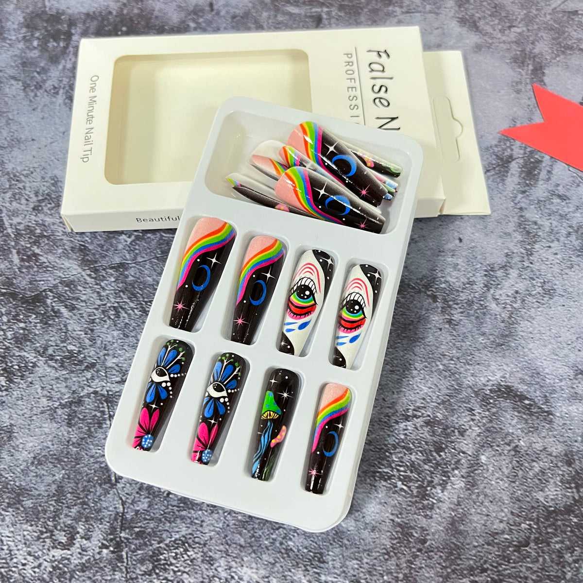 Long Press on Nails Coffin Fake Graffiti Flower Full Cover Glue Eye Stars Moon Acrylic with Rainbow Designs Nail Art Decorations for Women Girls