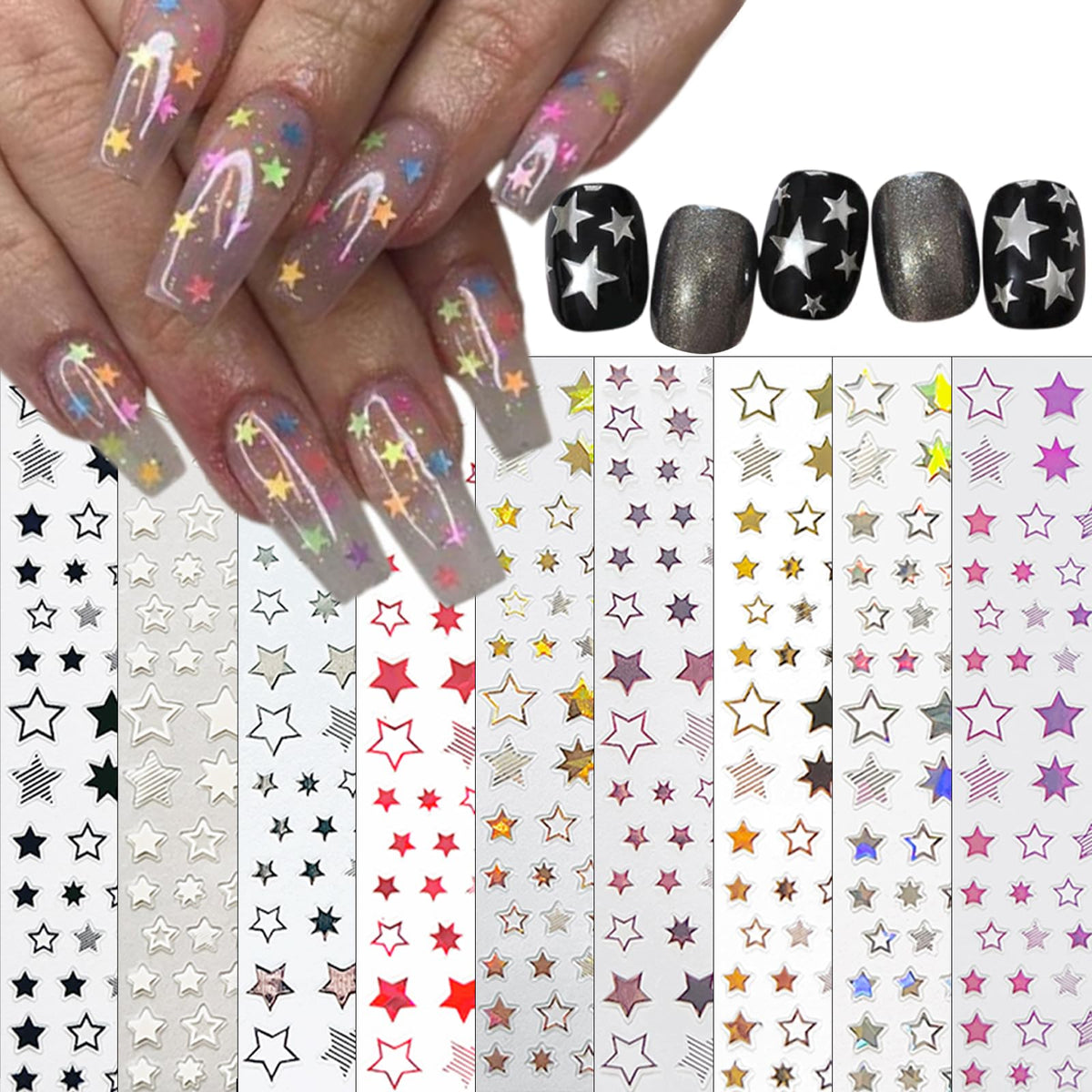 9 Sheets Shiny Twill Star Nail Stickers 3D Self-Adhesive Holographic Laser Color Gold and Silver Five-Pointed Star Design Women Girls Nail Art Decoration