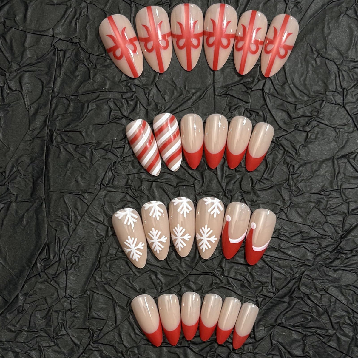 Christmas Press on Nails Medium Almond Red French Tip Fake Nails False Nails with Cute Christmas Hat & Snowflake Bow Designs Glossy Glue on Nails for Women Girls 24 Pcs
