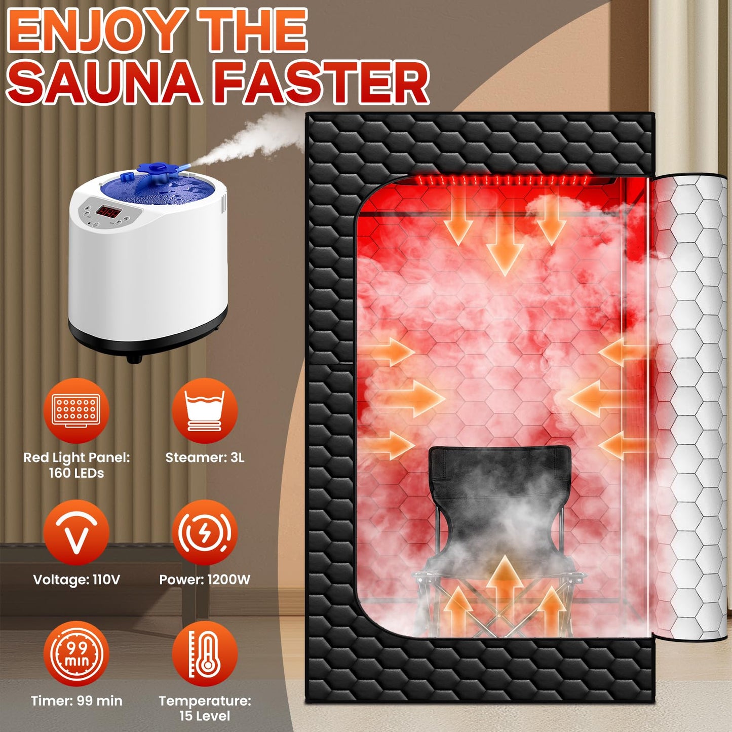 bsdonte Infrared Sauna Box, 160 LEDs Red Light Sauna Steam Room, Portable Sauna Tent with 3L/1200W Steamer, 15 Heating Levels, Folding Chair, Indoor Saunabox for Home Spa Relaxation
