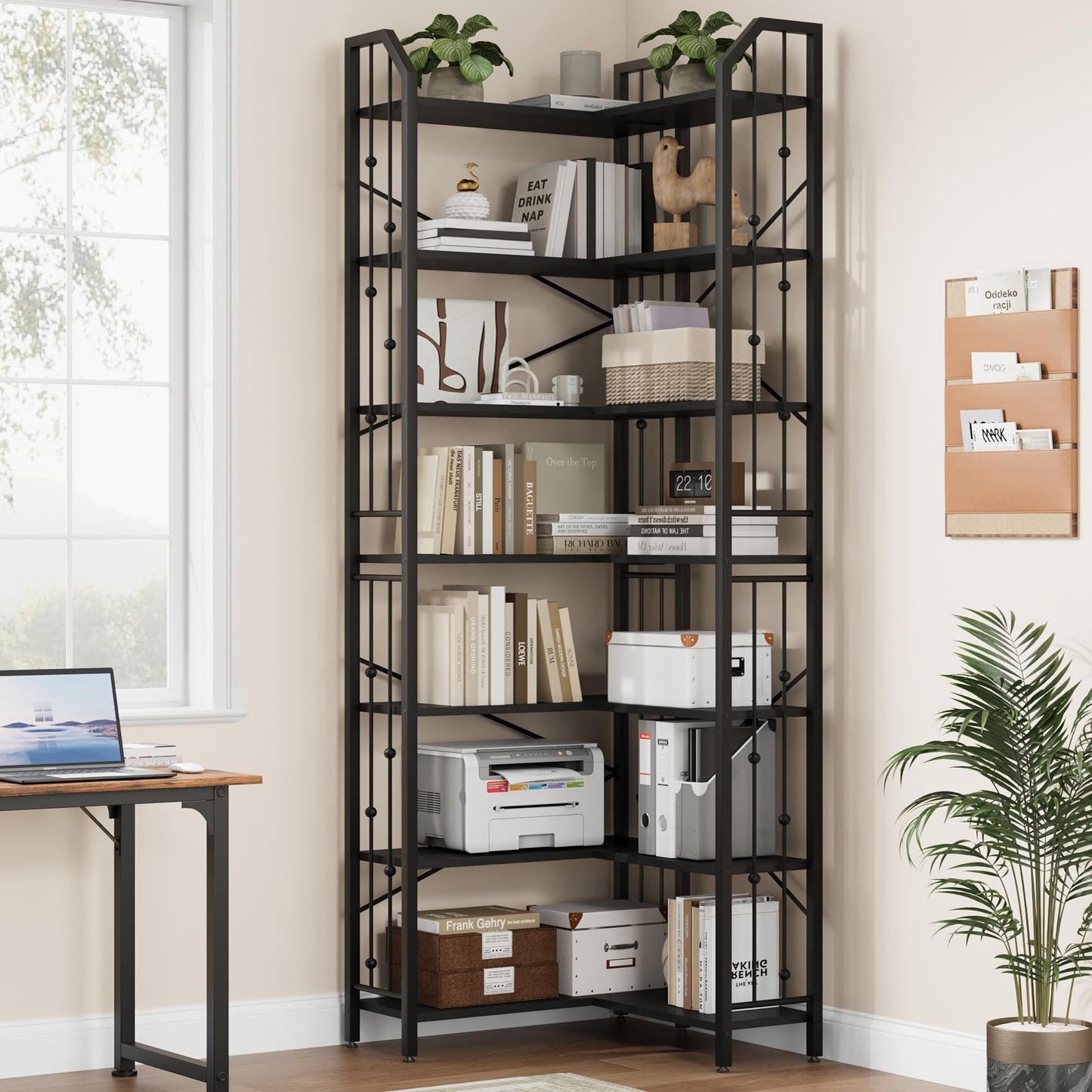 GarveeHome Corner Bookshelf 86" l Shaped Bookcase, Corner Bookshelves Black Bookcase 7 Tier l-Shape Bookshelf, Large Bookcases with Beaded Design Tall Display Rack Shelf for Living Room Bedroom