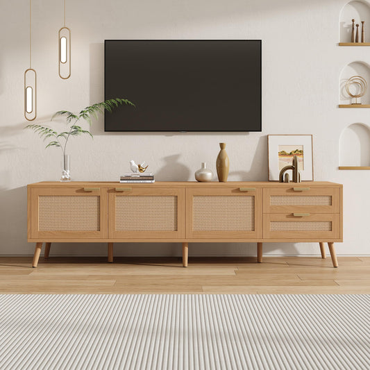 Merax 70inch Modern TV Stand with Rattan Doors for TVs up to 80", Media Console with Storage Space, 2 Drawers & Cable Holes, Entertainment Center for Living Room, Natural Wood