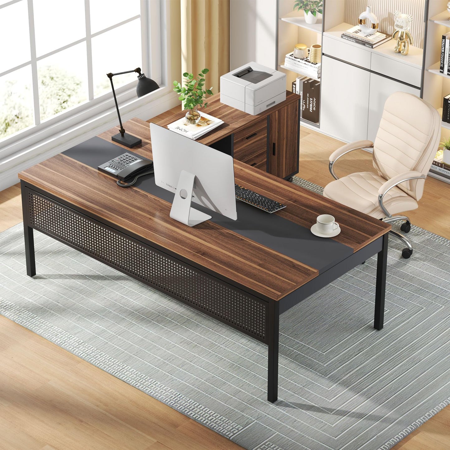 Tribesigns 71 inch Executive Desk, L Shaped Desk with Mobile File Cabinet, Executive Office Table with 2 Drawers and Storage Shelves, Business Furniture Workstation for Home Office, Walnut and Black