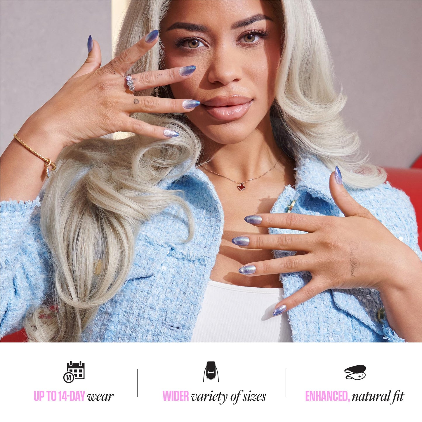 Kiss Glam, Press On Nails, Nail glue included, 'Dusk Mirage', Beige, Medium Size, Coffin Shape, Includes 32 Nails, 2g Glue, 1 Manicure Stick, 1 Mini File