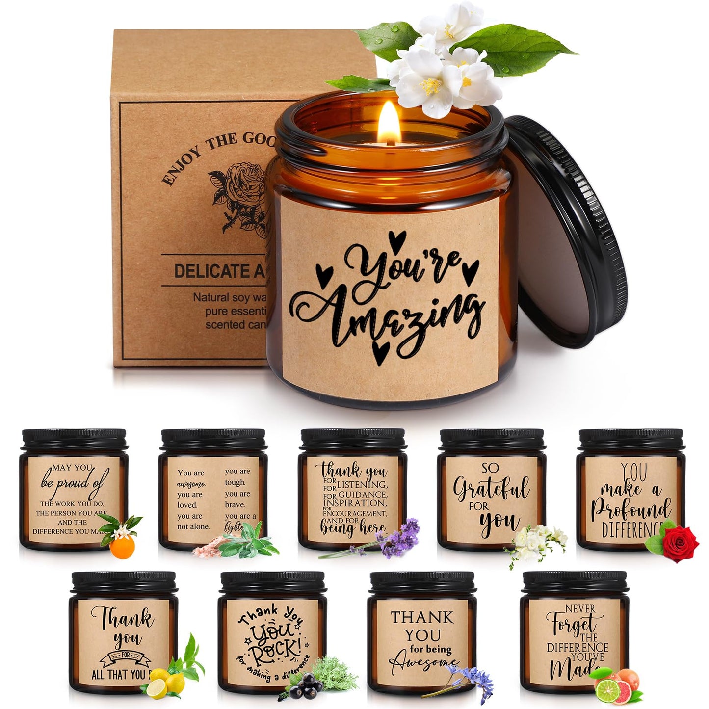Roowest 10 Jars Candles 3.5 oz Employee Appreciation Gifts Bulk Soy Wax Jar Inspirational Candle Thank You Gift for Coworkers Women Social Worker Volunteer Teacher Nurse(Amber,Pretty,Lovely)
