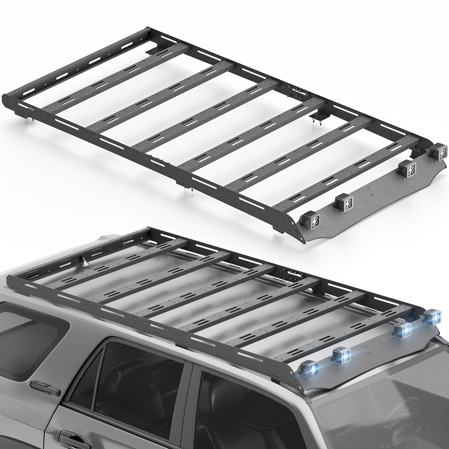 YZONA Full Size Roof Rack Cargo Basket Compatible with 2010-2024 Toyota 4Runner 5th Gen with 4 Lights, Overland Rooftop Luggage Storage Holder, Platform Style Cargo Carrier for Outdoors Gear