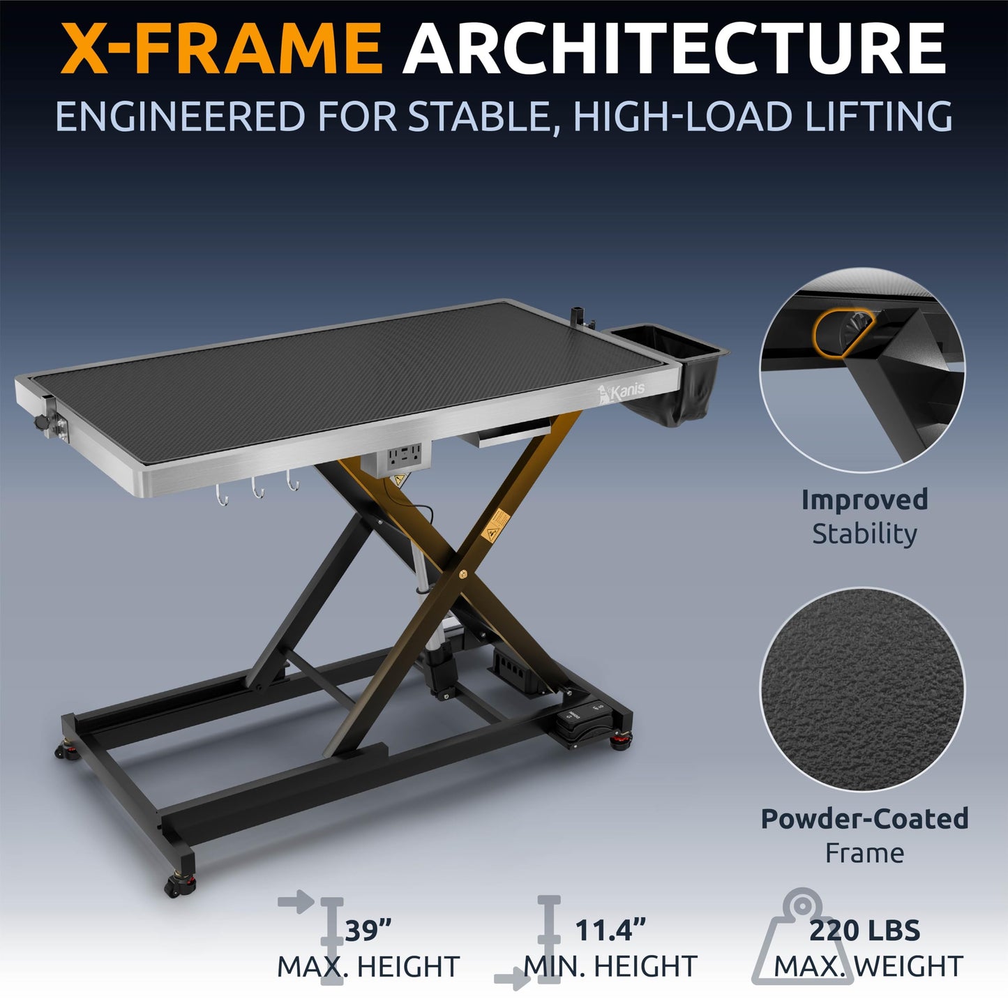 KANIS Professional Electric Dog Grooming Table - Heavy Duty, Height Adjustable Pet Grooming Table w/Leveling Wheels, Grooming Arm, Anti Slip Tabletop & Tool Organizer/Dog Grooming Station (49", BLACK)