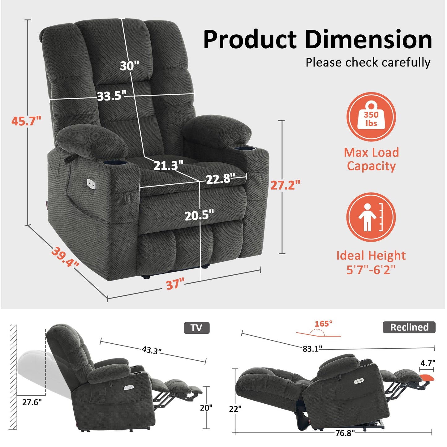 MCombo Large Triple Motor Power Lift Recliner Chair with Massage and Dual Heating, Adjustable Headrest for Tall Elderly People, Fabric 7634 (Grey, Large)