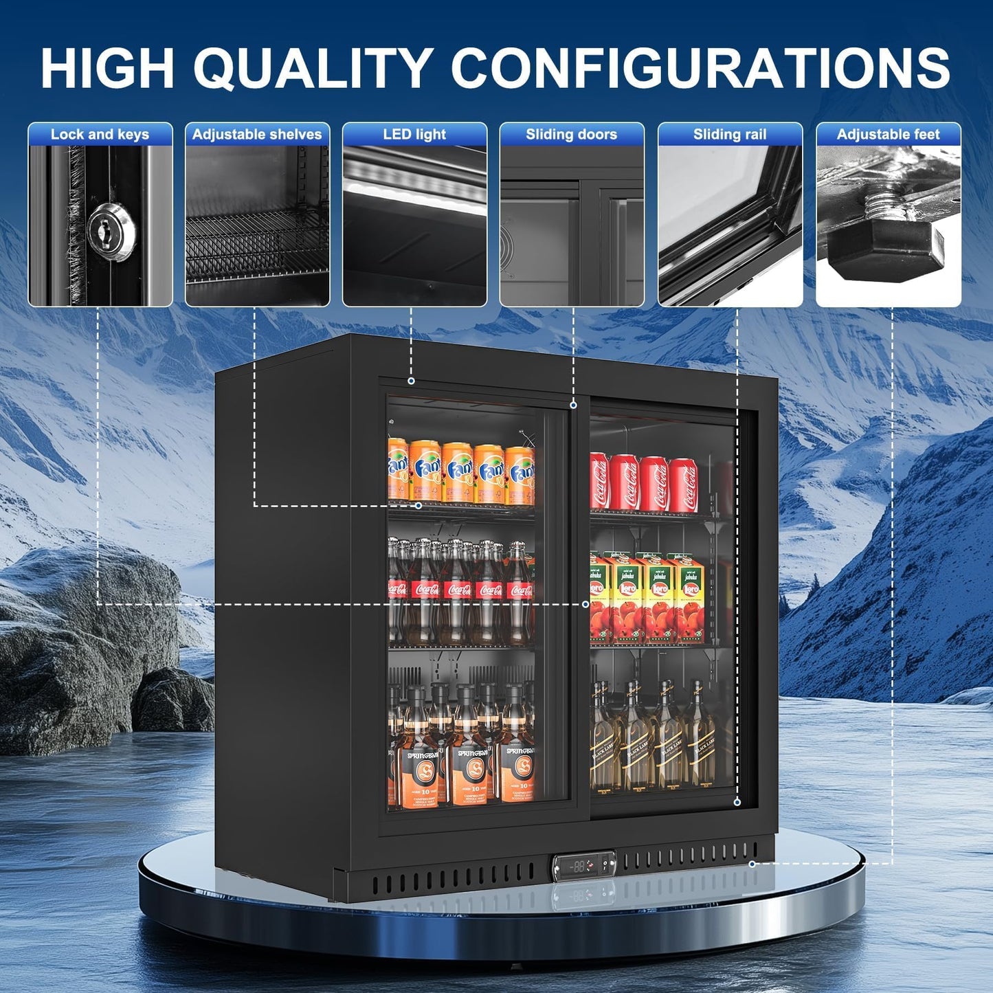 Rockitch Back Bar Cooler with 2 Sliding Doors, 6.8 Cu.ft Commercial Bar Cooler with LED Lighting, Under Counter Height Beverage Refrigerator, Commercial Display Drink Fridge for Bar, Restaurant, Hotel