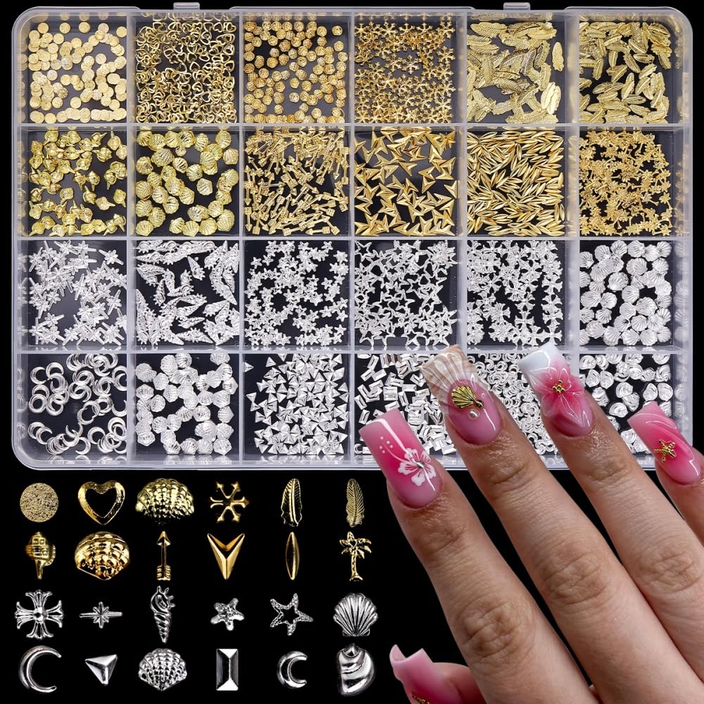 Gold Silver Nail Charms 3D Alloy Flower Nail Gems Metal Moon Star Nail Jewels Multi-Shapes Ocean Beach Starfish Seashell Leaf Nail Art Supplies with Tweezer for Women DIY Acrylic Nail 24 Grids 1 Box
