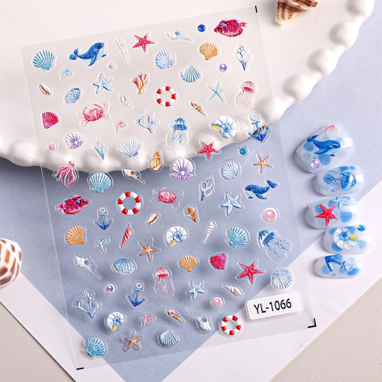 4 Pcs Summer Ocean Nail Stickers for Nail Art, 5D Embossing Self-Adhesive with Shell Fish Jellyfish Nail Decals, Nail Supplies Nail Art Design Accessories for Women and Girls Manicure DIY Decoration