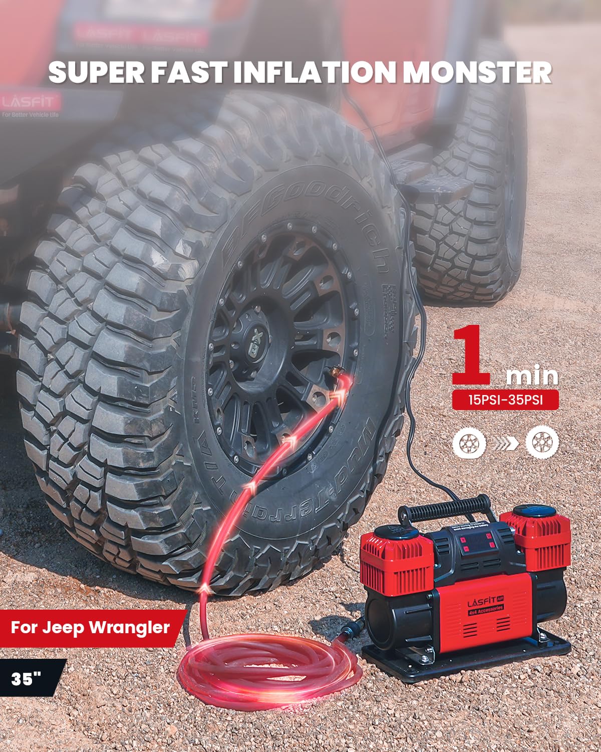 [2026 Upgraded] LASFIT X4 Off Road Air Compressor [Dual Cylinder with Auto Stop] Heavy Duty Portable Air Compressor Tire Inflator Air Pump w/Digital Pressure Gauge for 4x4 Vehicles, Trucks, RVs