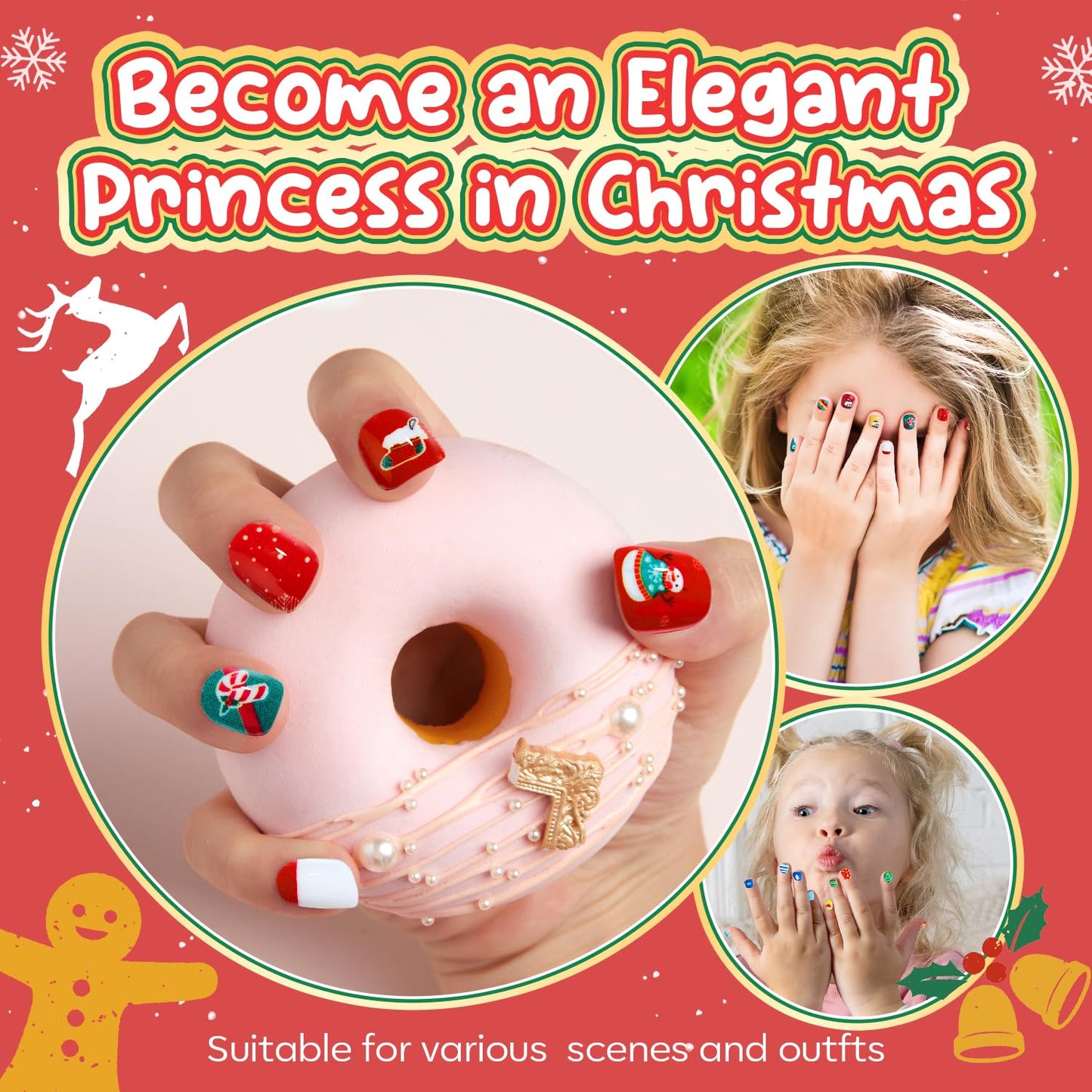 Modelones Christmas Press on Nails for Kids 144Pcs 6 Pack Children Girls Toys 8-10 Acrylic Fake Nails Pre-glue Full Cover Snowflake Red Xmas Short False Nail Art Kits Sets Gifts For Kids Girls