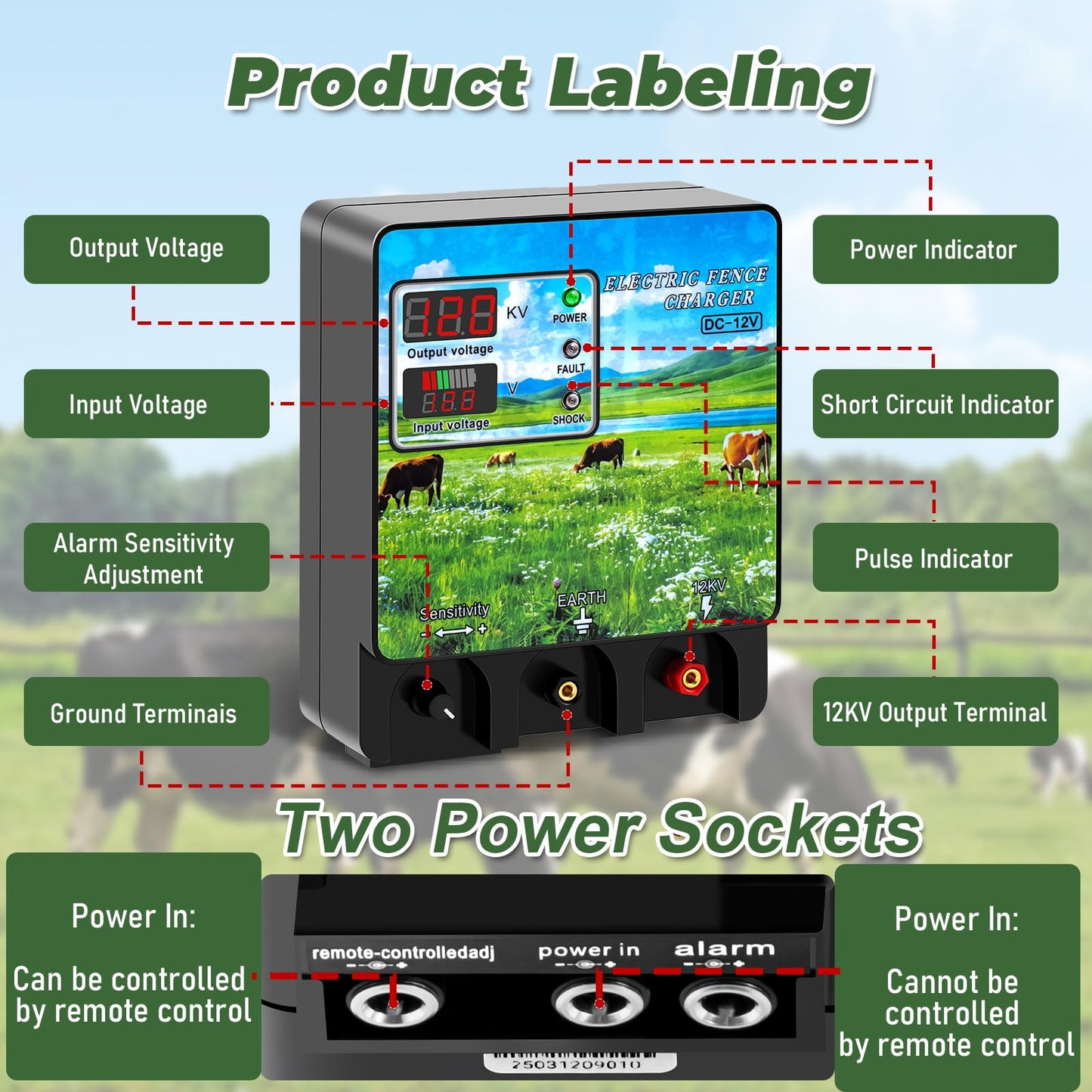 Watpumper 9 Joule Electric Fence Charger, 12KV Output, 400 Acres Coverage, DC 12V/AC 100-240V Input, Electric Fence Energizer with Alarm for Cattle, Cow, Goat, Horse, Livestock Protection, XSD-A740