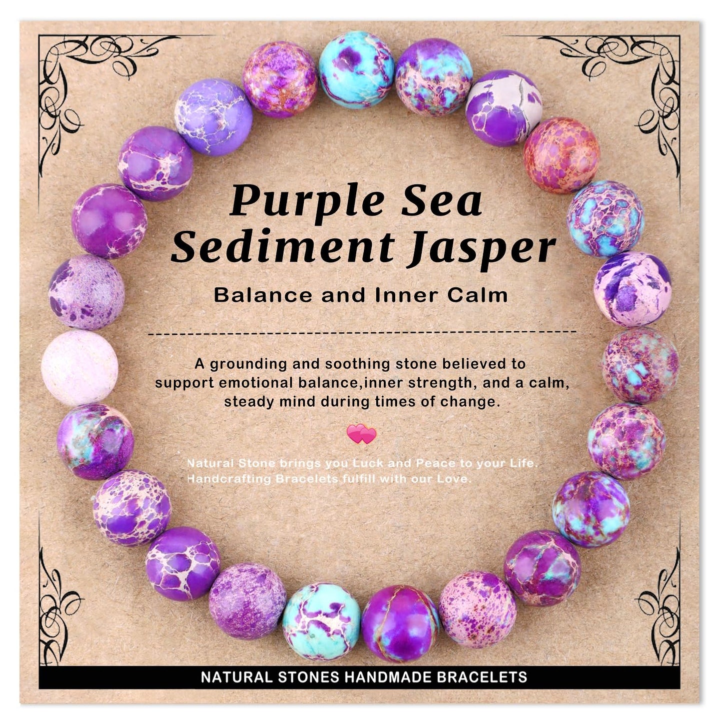 AD Beads 8mm Handmade Purple Sea Sediment Imperial Jasper Elastic Bracelet – Natural Gemstone for Joy & Positivity – Meditation, Yoga, Healing and Energy Gift for Men Women
