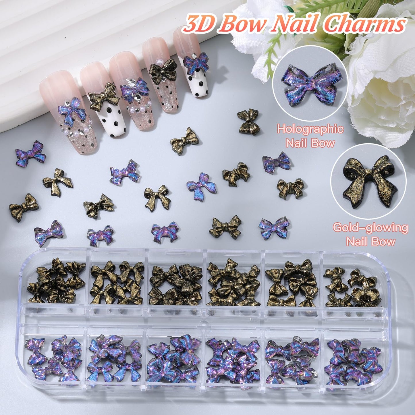 5 Boxes Black 3D Nail Charms Set, 24Pcs Y2k Alloy Nail Art Rhinestone Charms 3D Bow Flower Crown Heart Star with Tweezers and Dual-end Brush for Manicure Salon DIY Crafts,Face Makeup Gems Jewels
