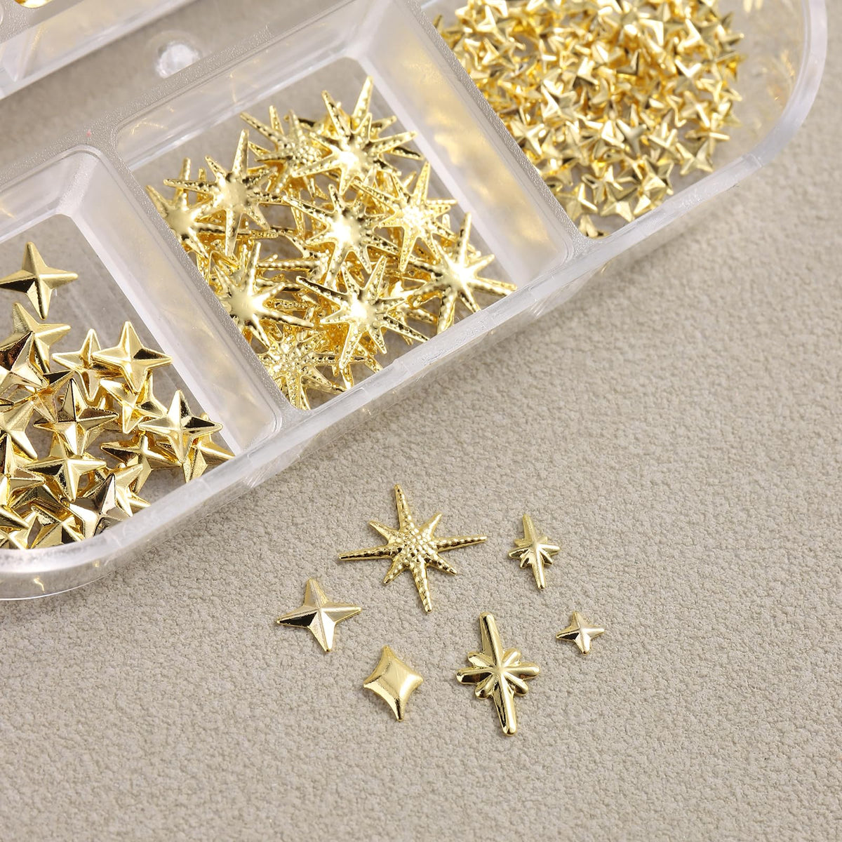 Star Nail Charms for Nails Art, 3D Gold Mixed Styles Stars Metallic Studs Rivets and Small Round Caviar Beads with Tweezers, Nail Jewelry Decorations Manicure Supplies Accessories for DIY Craft