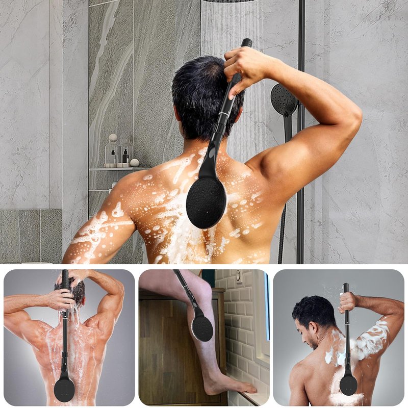 Back Scrubber for Shower, 17.52" - 25.7” Telescopic Back Washer for Shower with Anti-Slip Long Handle, Soft Nylon Bristles, Detachable Back Brush for Shower for Men Women Elderly