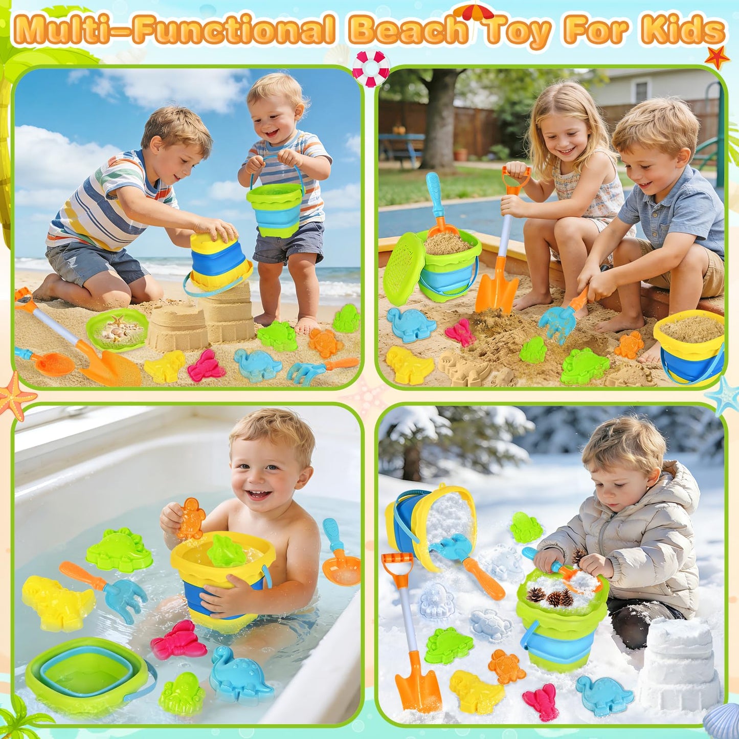 SpringFlower Beach Sand Toys for Kids, Sand Toys with 2 Collapsible Beach Bucket with Sifter Shovels Set with Mesh Bag and 6 Sand Molds, Foldable Beach Travel Beach Sandbox Toys, 11 PCS