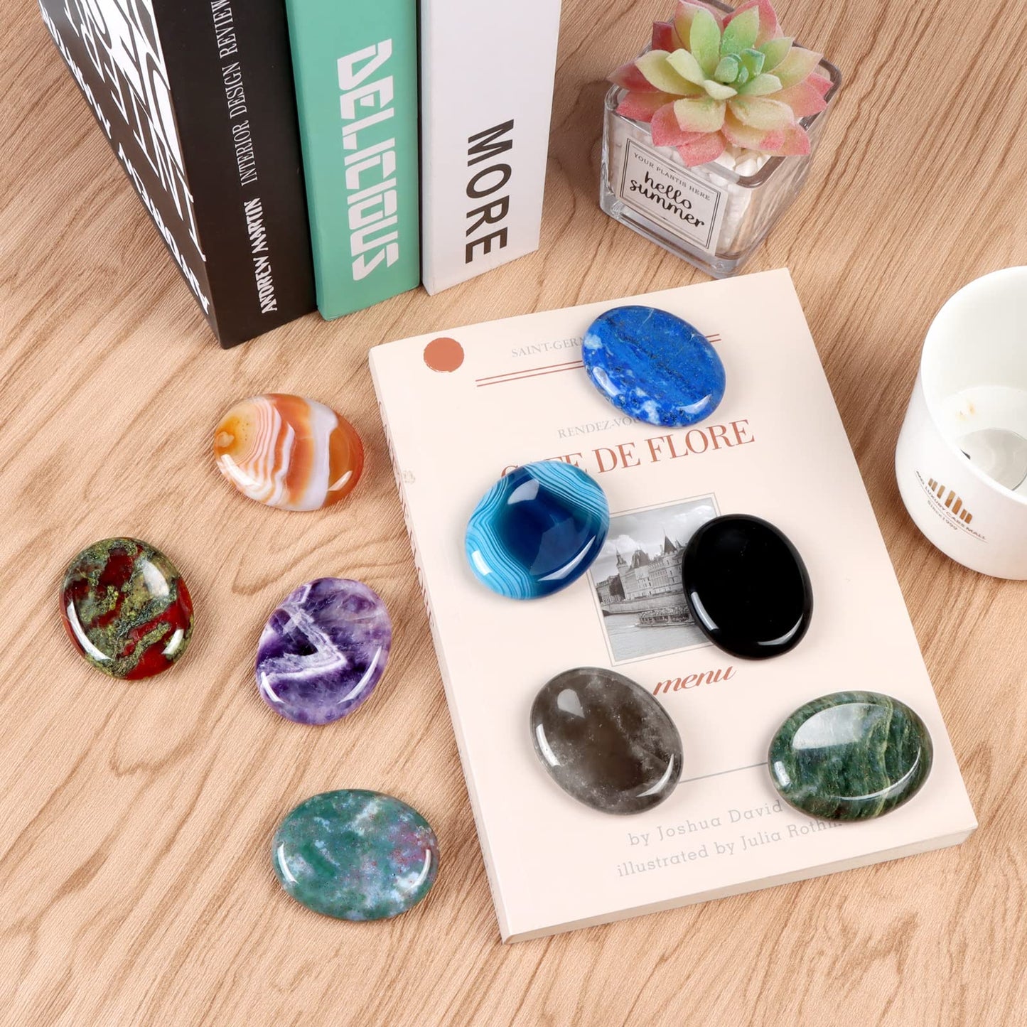 Artistone Blue Agate Crystal Thumb Worry Stones,Healing Crystal Polished Palm Pocket Chakra Gemstones for Anxiety,Stress,Reiki Gift 2.0"