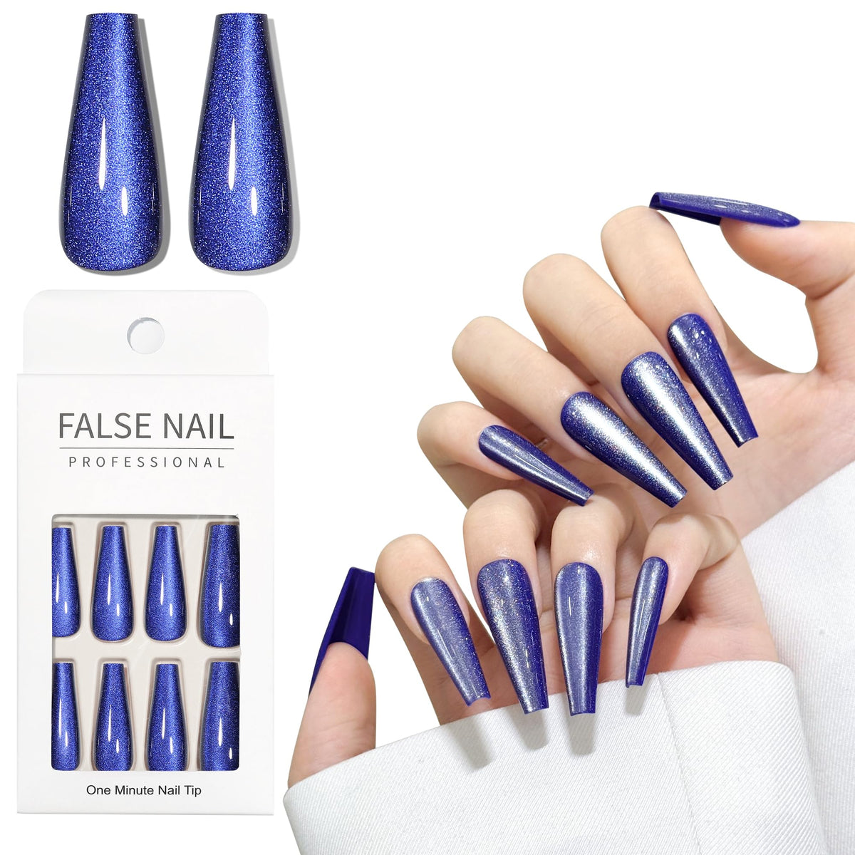 Navy Blue Cat Eyes Press On Nails,12 Sizes-24 Pcs Soft Gel Blue Long Coffin Fake Nails Kit with Nail Glue, Natural Reusable Stick On False Nails for Women and Girls SK1050