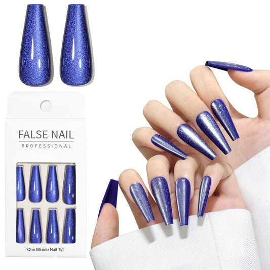 Navy Blue Cat Eyes Press On Nails,12 Sizes-24 Pcs Soft Gel Blue Long Coffin Fake Nails Kit with Nail Glue, Natural Reusable Stick On False Nails for Women and Girls SK1050
