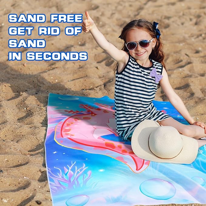 WERNNSAI Dinosaur Kids Beach Towel for Girls - 30” x 60” Axolotl Sand Free Swim Towels for Girls Bath Pool Camping Travel Towel Quick Dry Ultra Absorbent Super Soft Beach Blanket Bath Shower Towel