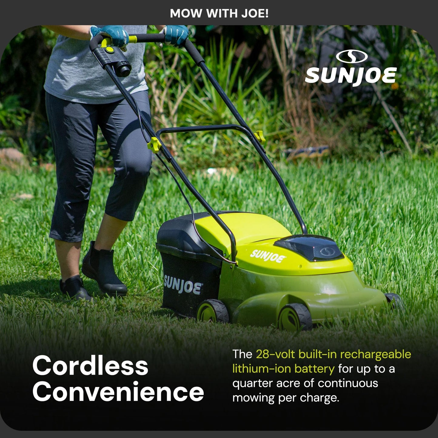 Sun Joe MJ401C 14-Inch 28-Volt Cordless Push Lawn Mower, w/10.6-Gallon Collection Bag, 3-Position Height Adjustment, Safety Key, 14 inches, Green