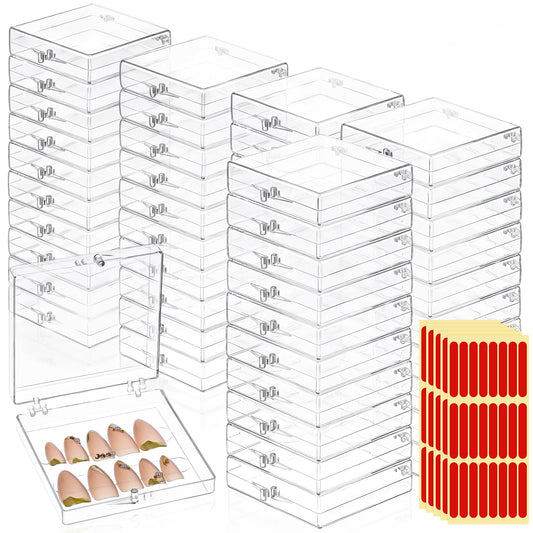 SHENLIU 50 Pack Press on Nails Packaging Box, Clear Acrylic Press on Nail Storage Box with 120 Adhesive Double Sided Tape, Fake Nails Storage Case Nail Display for NailArt Salon Business Supplies