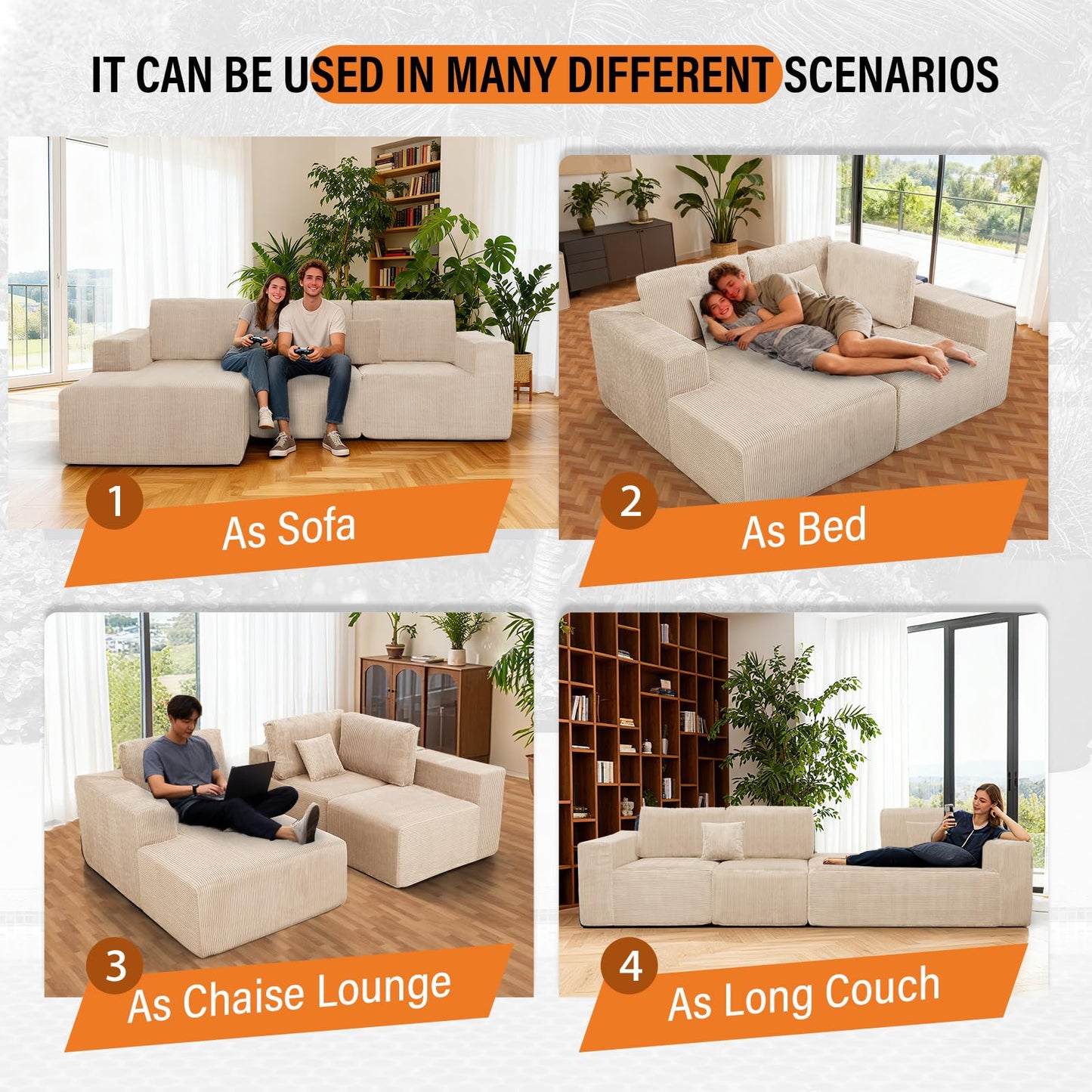 Boneless Couches for Living Room L-Shape Chaise Cloud Couch Modular Sectional 3 Pieces Deep Seat 111" Compressed Couches for Living Room Bedroom with Plush Corduroy Fabric No Assembly Required, Khaki