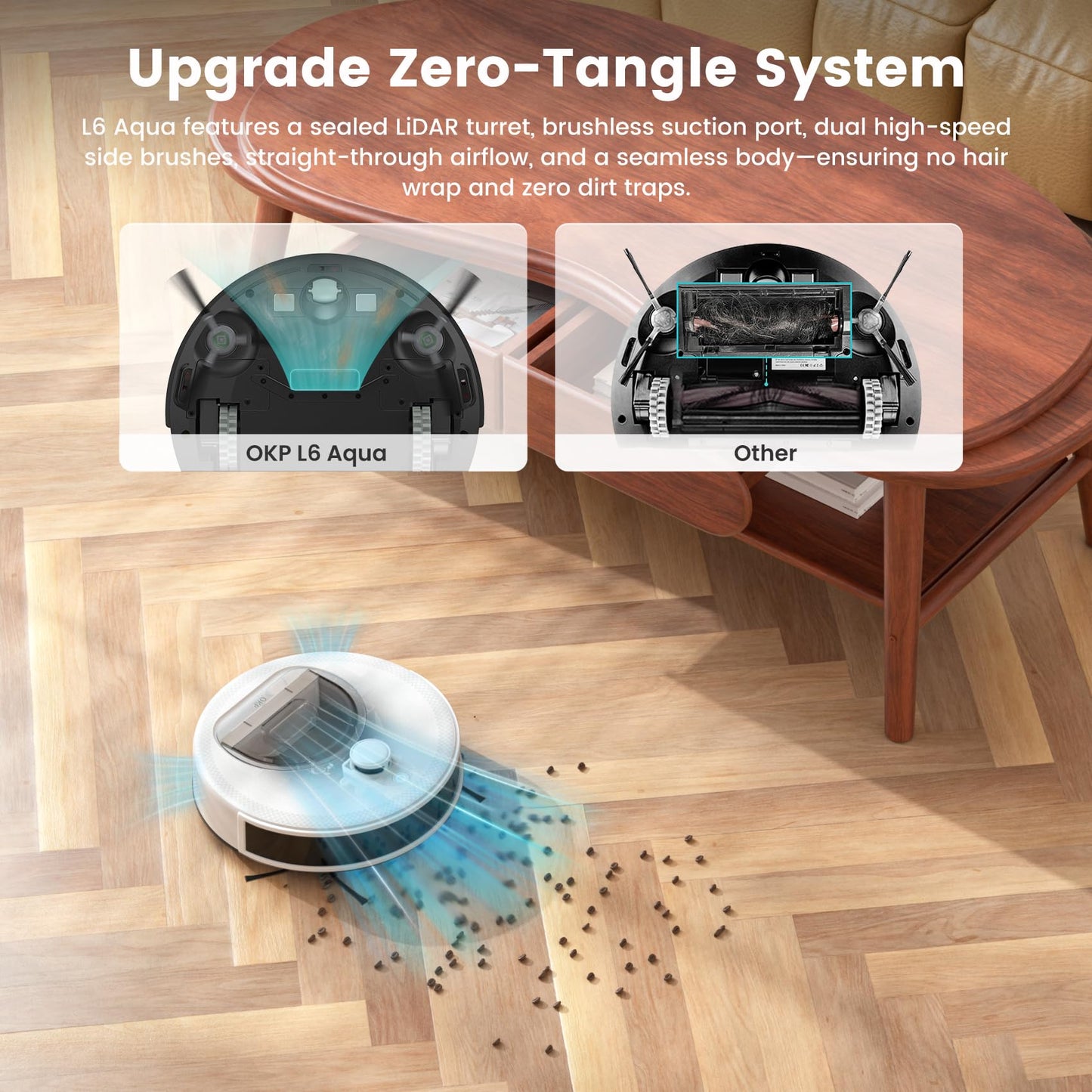 OKP Lidar Robot Vacuum and Mop Combo, 6000Pa Automatic Robotic Vacuum, Smart Mapping, 3.7 inch Thin, 150 Min Max, 5G WiFi/App/Alexa Control, Ideal for Pet Hair, Hardfloors, Carpets, Home(L6 Aqua)