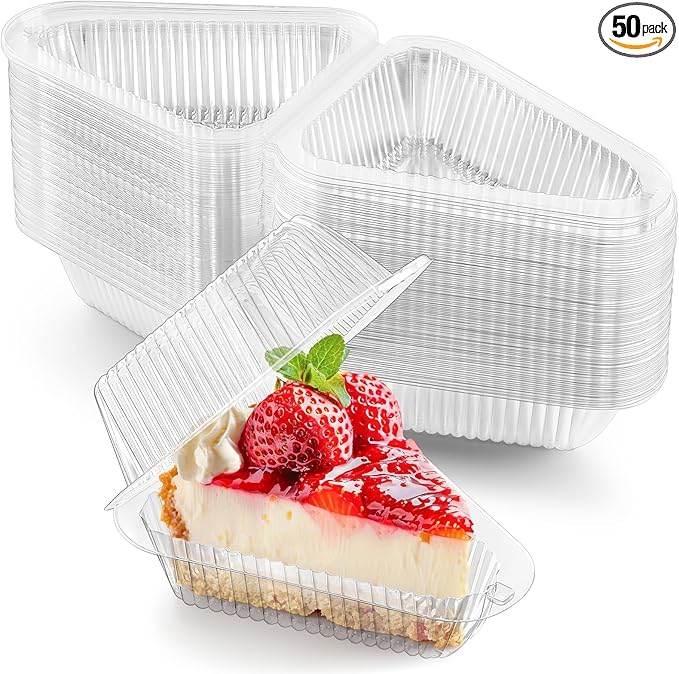 Zezzxu 50 Pack Cake Slice Containers with Hinged Lids, Clear Plastic Cheesecake Carriers Disposable Triangle Slice Boxes for Cake or Pie Slices, Sandwiches, Desserts