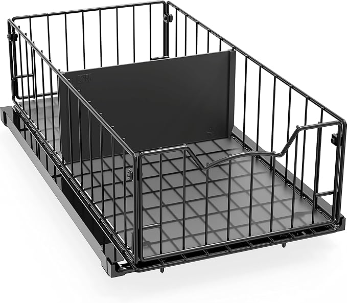 Simple Houseware Pull-Out Cabinet Sliding Basket Organizer, 17.2" D x 9.7" W x 5" H â Black, Ideal for Kitchen and Bathroom Cabinet Storage, Under Sink or Pantry Organization