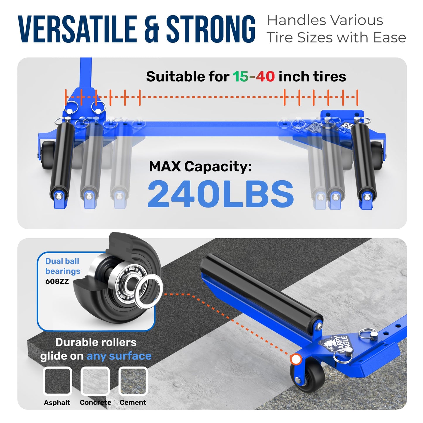 Harpy Eagle Tire Dolly - Foldable Adjustable Width up to 40" Tire Wheel Dolly with 240 lb Load Capacity, Pre-Assembled Wheel Lifter Cart for Cars, SUVs, Trucks with Portable Carry Bag/Patent Pending