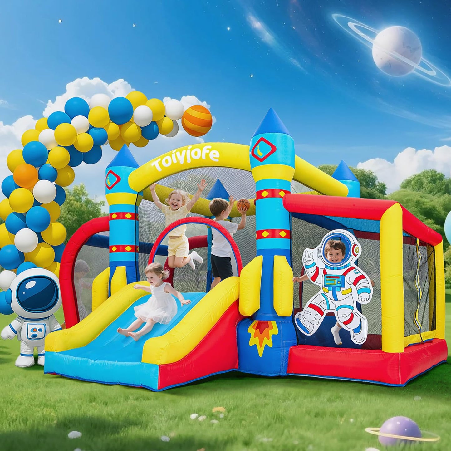 Bounce House for Kids 3-6, Space Adventure 11.5FT × 10FT Inflatable Bouncy Castle, with Slide & Ball Pit & Hoop & Soccer Goal & Blower, 7-in-1 for Indoor Outdoor Backyard Toddlers' Birthday Party