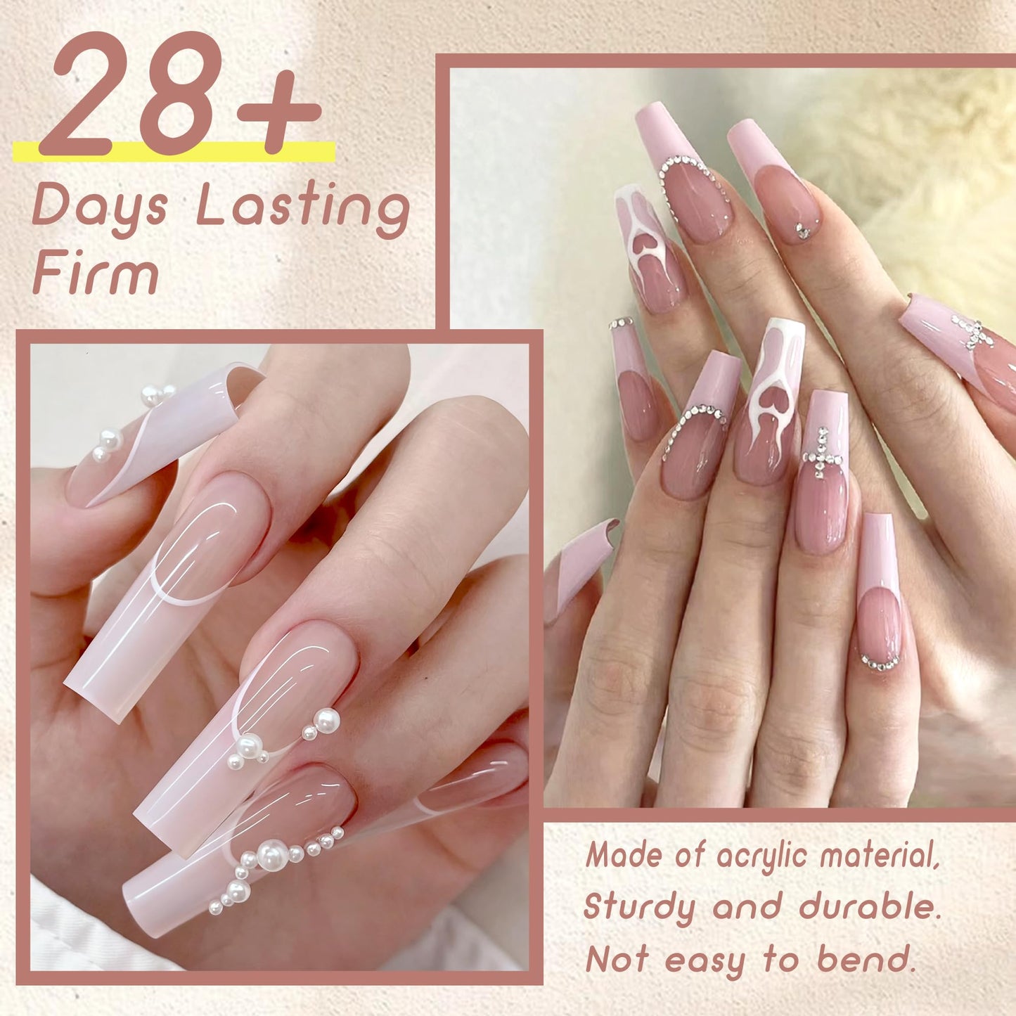 ELLEWIN 480PCS No C Curve Clear Nail Tips, 2XL Long Half Cover Straight and Coffin Nails for Acrylic Nails Kit, 12 Sizes Soft Square Gel Fake Nails Extension for Salons and Home DIY Gifts