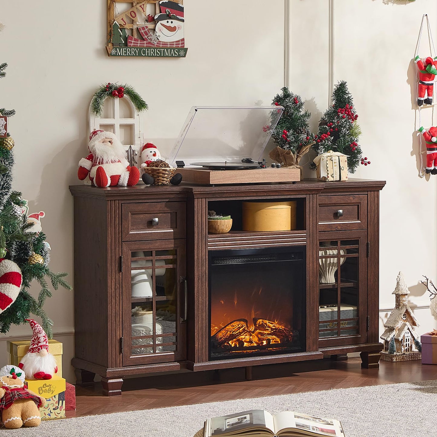 SAVOR LIFE 52" Fireplace TV Stand with 18”Silent Electric Fireplace, Farmhouse Entertainment Center for TVs up to 65", 2 Drawers TV Console with Glass Door Cabinet, Walnut TVs Cabinet for Living Room