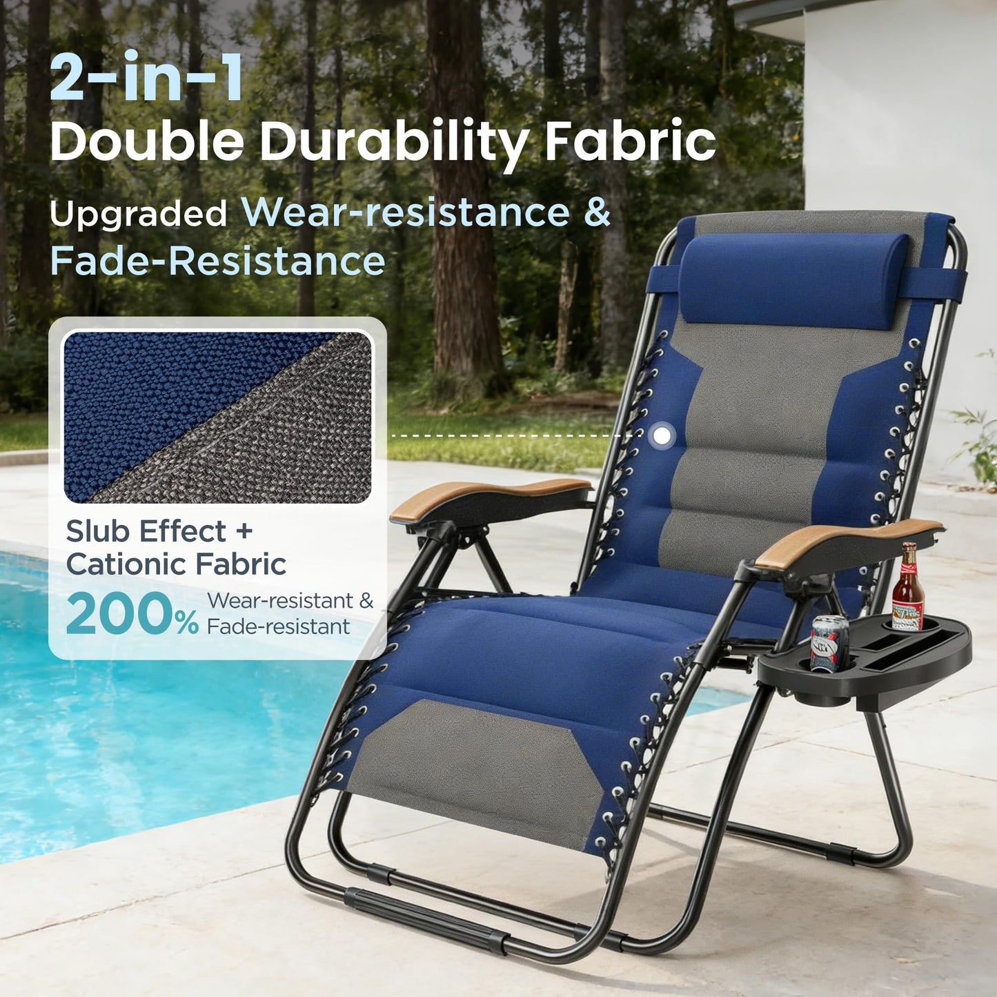 PHI VILLA XXL Oversized Padded Zero Gravity Chair, Foldable Patio Recliner, 30" Wide Seat Anti Gravity Lounger with Cup Holder, Support 400 LBS (Thumb Blue)